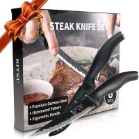4.5" Steak Knives Set of 6, Premium German Steel Steak Knives w/Non-stick Coating, Ultra Sharp Serrated Steak Knife, Ergonomic Handle Design - Black