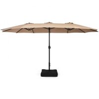 Outdoor Garden Market Double-Sided Twin Patio 15 Feet Umbrella with Crank And Base - Coffee - Outdoor Umbrellas