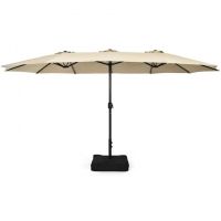 Outdoor Garden Market Double-Sided Twin Patio 15 Feet Umbrella with Crank And Base - Beige - Outdoor Umbrellas