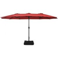 Outdoor Garden Market Double-Sided Twin Patio 15 Feet Umbrella with Crank And Base - Wine - Outdoor Umbrellas