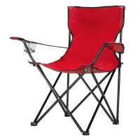 Smallsized Camping Folding Chair Heavy Duty Steel Frame Collapsible Padded Arm Chair with Cup Holder Quad Lumbar Back - Red