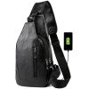 Men Chest Bag PU Leather Sling Fanny Pack Shoulder Backpack w USB Charging Port - Black
