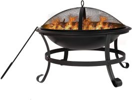 Bosonshop 22'' Outdoor Wood Burning BBQ Grill Firepit Bowl w/Spark Round Mesh Spark Screen Cover Fire Poker Patio Fire Pit Bonfire  - KM3752