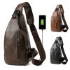 Men Chest Bag PU Leather Sling Fanny Pack Shoulder Backpack w USB Charging Port - Black