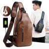 Men Chest Bag PU Leather Sling Fanny Pack Shoulder Backpack w USB Charging Port - Black